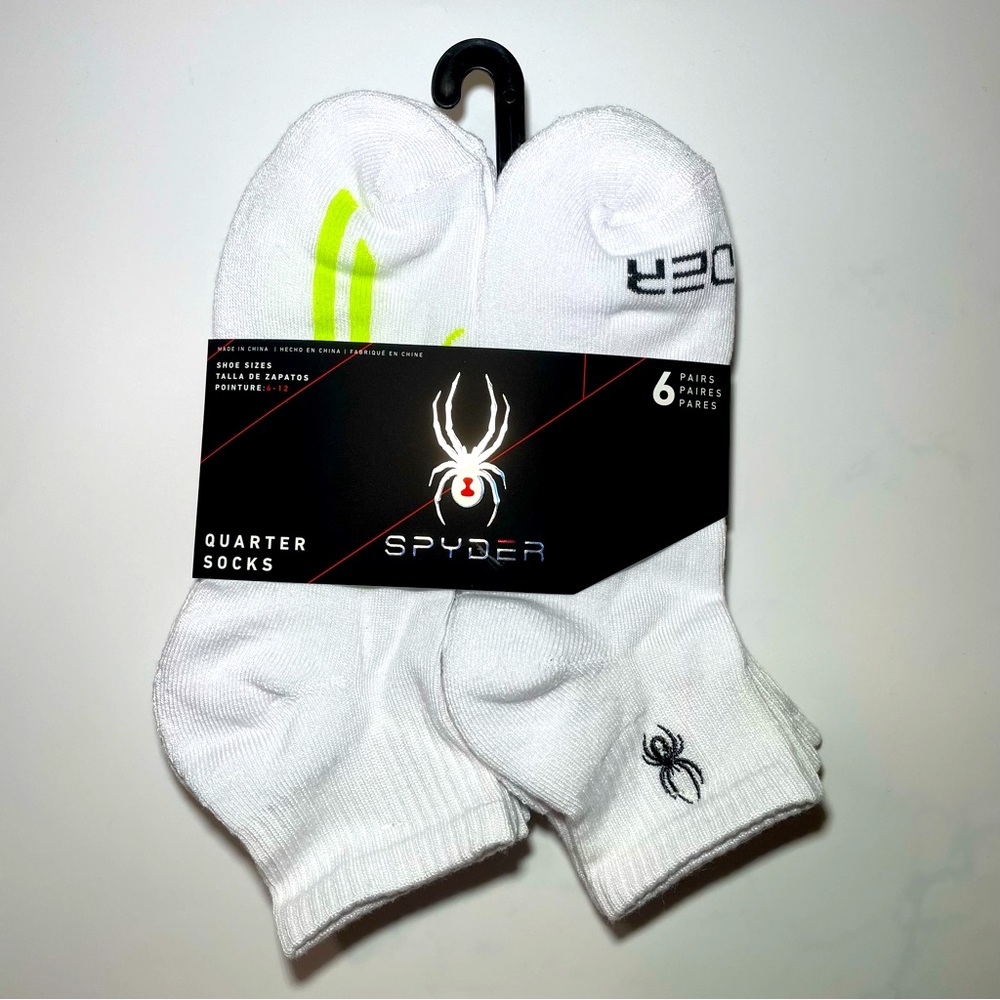 Spyder men’s quarter socks 6 pairs size 6-12 white black green